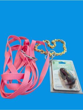 Dog Training Set: Clicker Pink Nylon Leash Gold Chain Collar Pet Corrector Spray